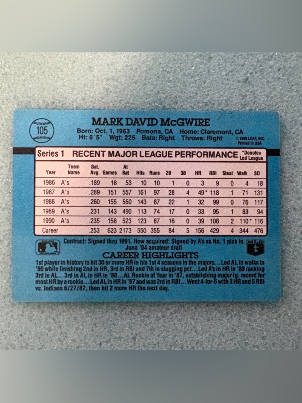 1991 Donruss Mark McGwire Baseball Card - Blue Red Accent - Picture 3 of 4